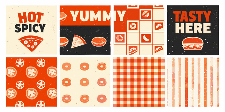 retro fast food pattern grid featuring pizza burgers vector burger illustration design menu restaurant icon slice hamburger checkered stripes doughnut spicy