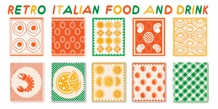 retro italian food and drink poster collection with colorful patterns pizza lemon orange grapefruit shrimp vector illustration graphic design vintage aesthetic