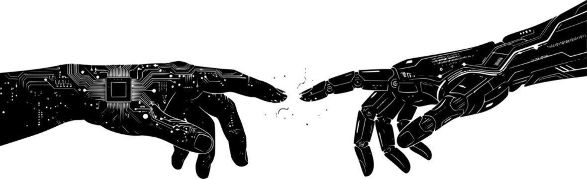 Cybernetic robotic hands reaching to touch in a digital creation concept with intricate circuit board patterns and futuristic technology elements