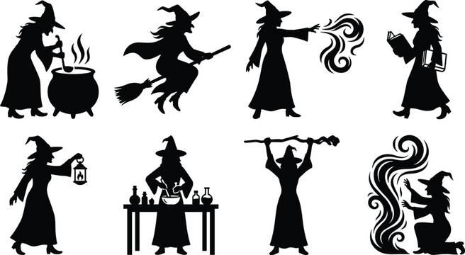Witch Silhouette Vector Set Featuring Magic Spell Casting Potion Brewing Flying Broom and Fantasy Halloween Characters Collection