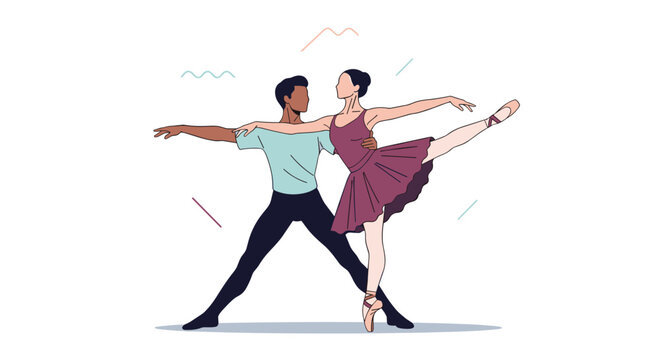 Professional ballet dancers performing an elegant dance together with graceful moves on a clean white stage.