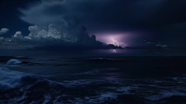 Dramatic moonlit ocean waves crashing under a cloudy night sky with dynamic lighting