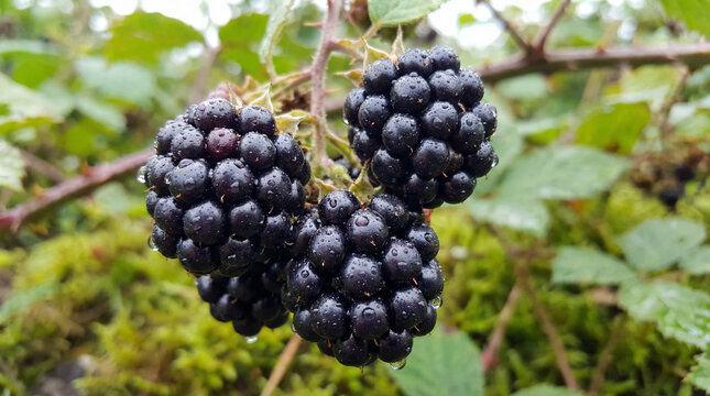 Glossy Ripe Blackberries Macro Water Droplets Deep Purple. Extreme close-up of glossy blackberries covered in fresh water droplets showing deep purple drupelets