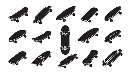 Set of black silhouette skateboard and longboard icons in various isometric angles © rayhanbd.net