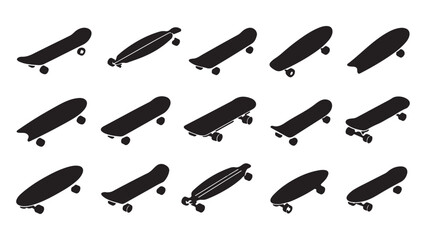 Set of black silhouette skateboard and longboard icons in different styles and angles © rayhanbd.net