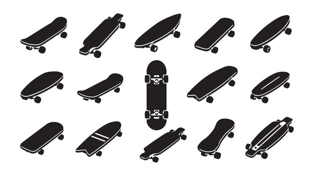 Set of black silhouette skateboard and longboard icons in various isometric angles
