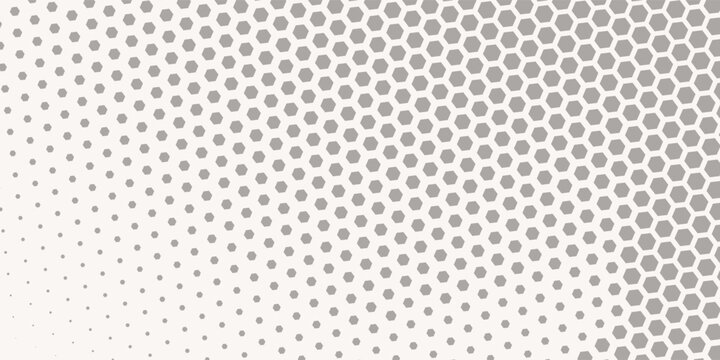 Hexagon halftone gradient texture. Abstract black grunge background. Geometric retro halftone tech wallpaper. Fading wavy hexagonal pattern backdrop. Vector vanishing honeycomb grunge bitmap overlay
