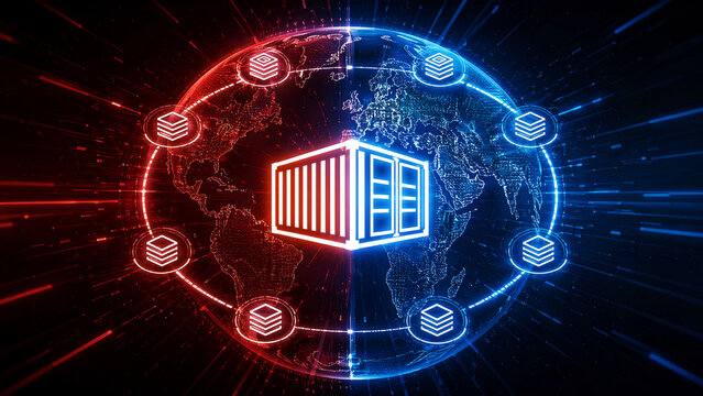 Digital container icon with global network on world map background