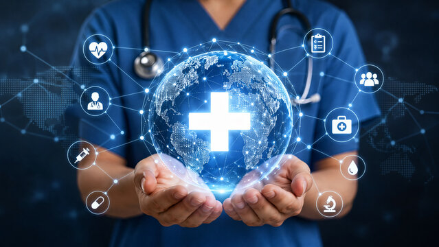 Doctor holding futuristic digital globe with healthcare medical icons
