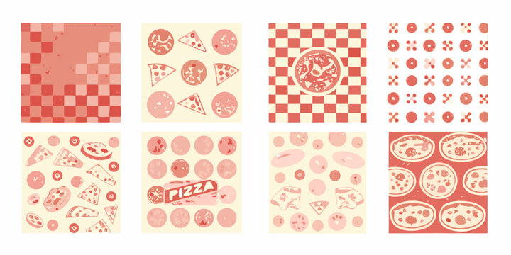 pizza themed retro patterns vector illustration vintage food restaurant badges logos checkered slices pepperoni cheese design graphic art icon symbol menu