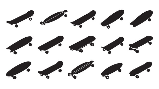 Set of black silhouette skateboard and longboard icons in different styles and angles