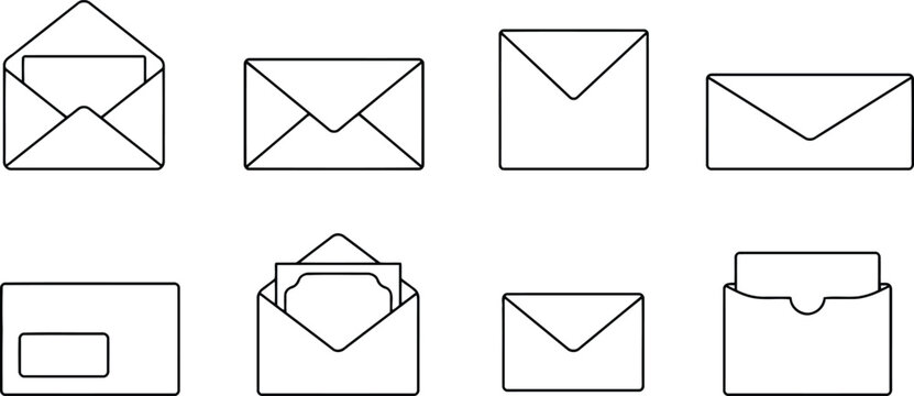 Envelope outline icon set with simple black mail symbols for email messaging and communication design