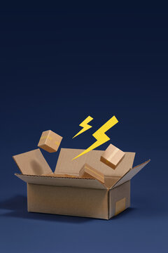 Cardboard box overflowing with small packages and yellow bolt