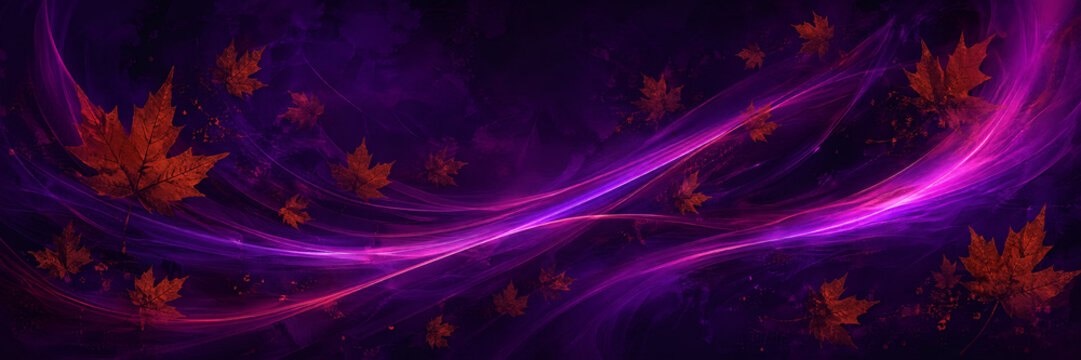 Red maple leaves floating on vibrant purple abstract background