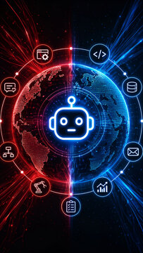 Artificial intelligence robot surrounded by futuristic digital technology icons
