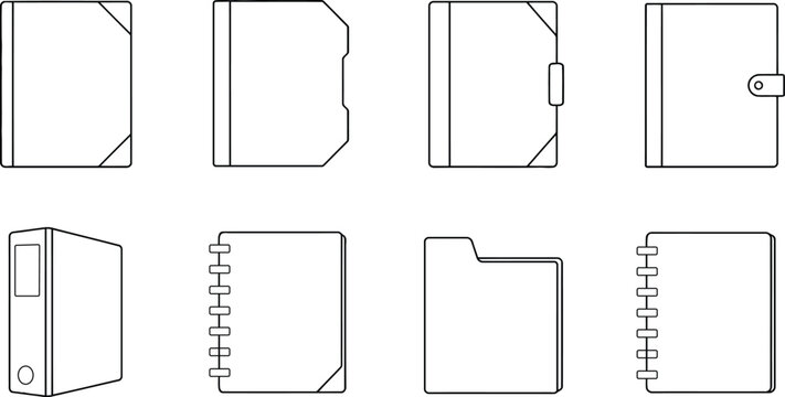 Notebook and binder outline icon set with office and school stationery symbols for organization