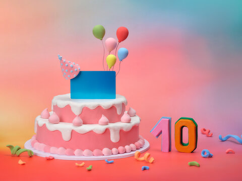 A festive two-tiered birthday cake with balloons and the number