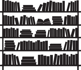 A bookshelf filled with various books on multiple shelves silhouette vector © Abdul