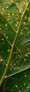 Macro photo of green leaf with electronic circuit patterns and glowing nodes