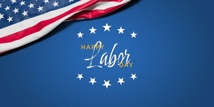 The wrinkled flag of the USA draped onto a flat dark blue surface and the text "Happy Labor Day"