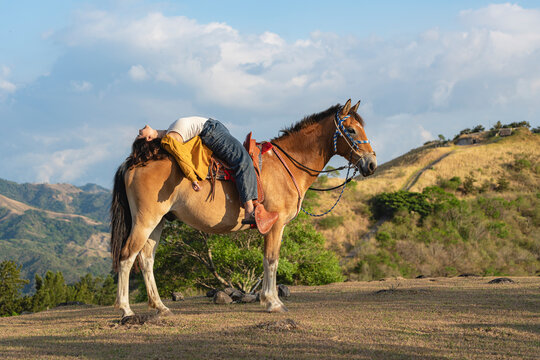 Woman relaxing on horse creating bond and trust in nature