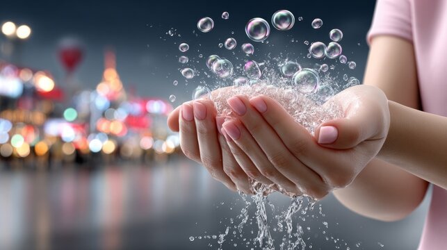 Hands hold water that flows out as bubbles rise against a colorful city night backdrop