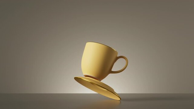 A yellow cup spins and balances perfectly on top of its saucer. This vibrant 3D animation has a warm and cheerful atmosphere. 3D render motion.