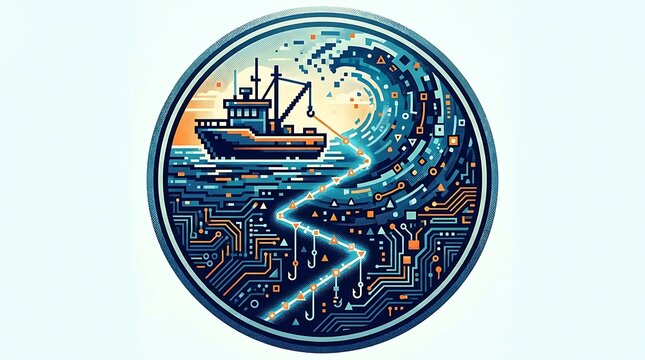 Circular illustration of fishing boat over digital circuitry