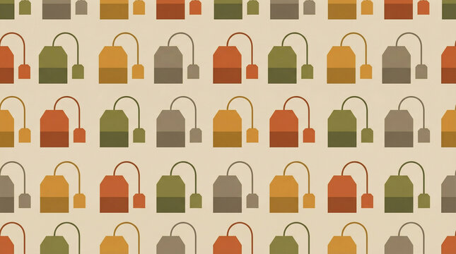 Geometric Abstract Tea Bags Pattern Flat Design. Repeating pattern of stylized tea bags in geometric shapes muted earth tone color palette flat vector, no people