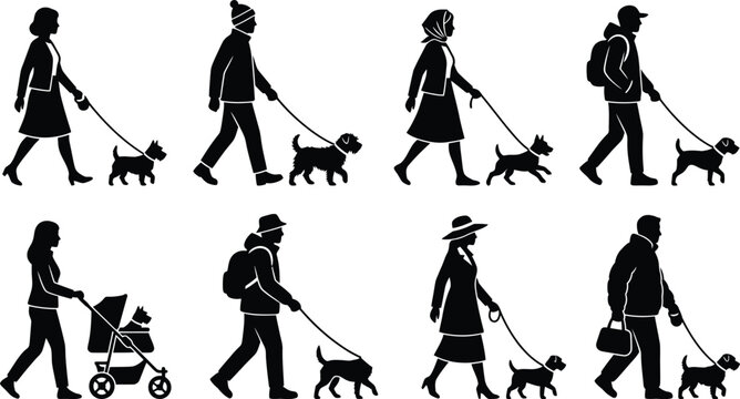 Black silhouettes of people walking dogs and stroller