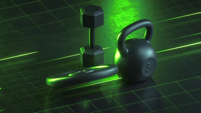 Looped neon gym video with kettlebell rotation, spinning plates, and jumping dumbbells. Fast green lines add energy to this futuristic sports motion background.