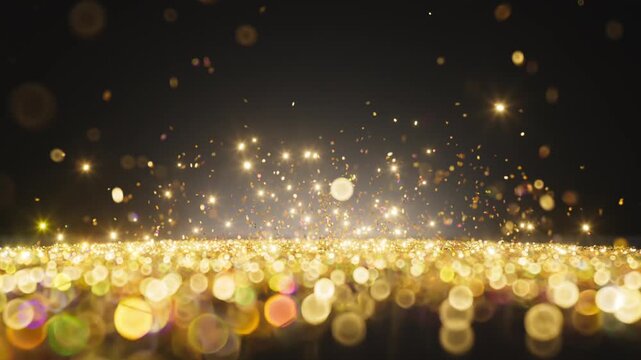 A dense field of golden bokeh lights fills the bottom of the frame. The glowing circles look like a sea of expensive gold. 3D render motion.