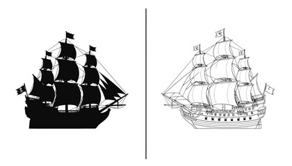 Sailboats Set with Two Variations Including a Solid Black Silhouette and an Outlined Vessel for Nautical Themes © Muskan