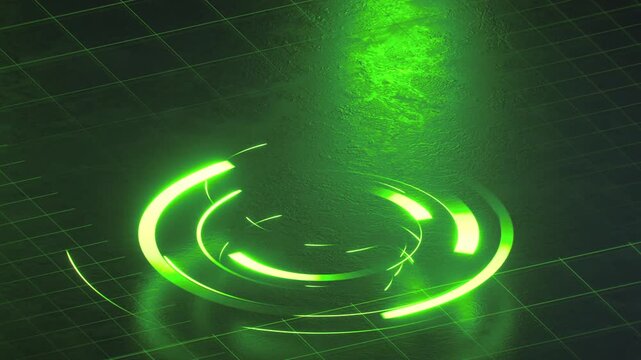 Looped neon green circular light ring with fast moving lines on a dark gym floor. Futuristic motion background for fitness branding, sports tech, and energy themes.