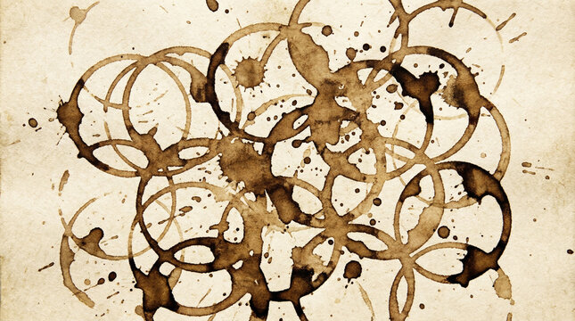 Abstract Coffee Stain Rings Artistic Brown Pattern. Overlapping coffee cup stain rings creating abstract pattern on cream paper artistic texture