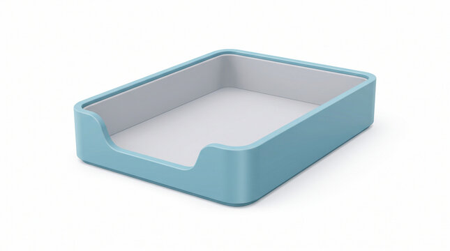 A light blue empty desk organizer tray for paper and office supplies isolated on white.