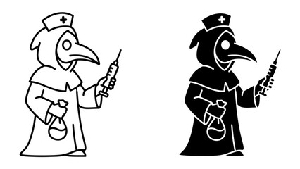 Plague Doctor Icon Set: A striking set of illustrations depicting the historical plague doctor figure, recognizable by its beaked mask and cloaked attire, holding a syringe and a vial.