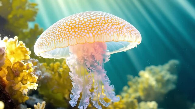 White spotted jellyfish swimming underwater among coral in sunbeams, graceful marine life, ocean wildlife beauty, aquatic calm.