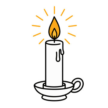 monoline cartoon of single lit candle with glowing flame
