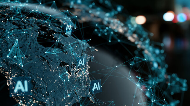 Multiple AI nodes connected in global digital network close up