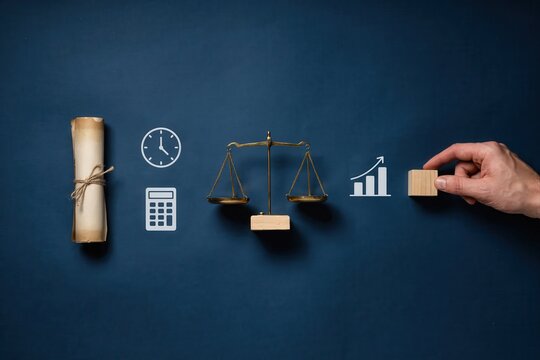 A hand places a block on a scale next to a clock, calculator, and tied documents.