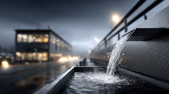 Close-up of water flowing through an industrial drainage system.