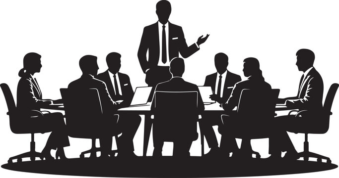 Professional business people in silhouette attend a significant meeting led by a prominent speaker at a conference table