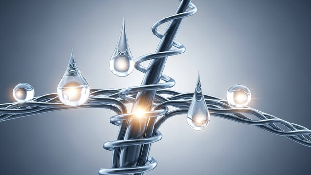 Crystal clear glass water droplets shaped like teardrops suspended around a spiral shaped metal rod