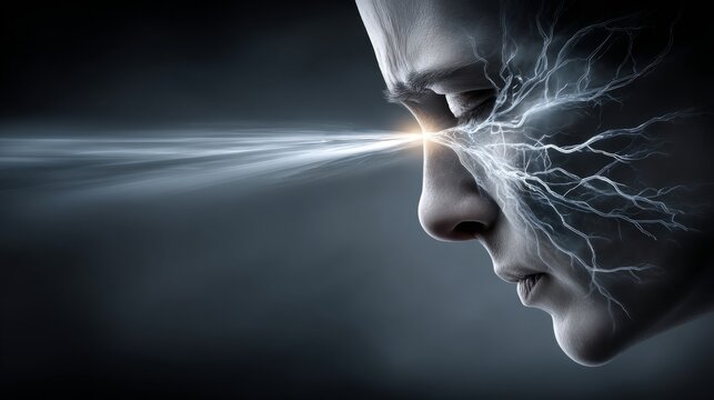 Woman with eyes emitting energy in a dramatic portrait