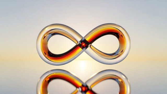 Elegant glass infinity symbol with golden reflections against a soft gradient background showcasing timeless infinity design concept.