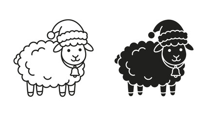 Obraz premium Christmas Sheep Icons: A pair of stylized sheep wearing Santa hats and bells, presented in both outline and silhouette form, ready for festive use.
