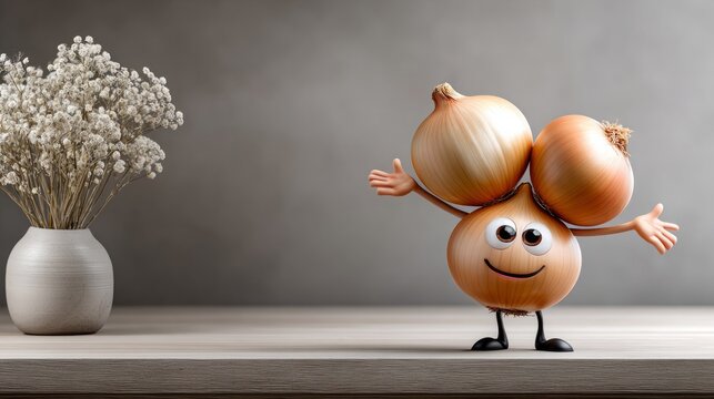 Vegetable character standing on a shelf with a flower vase nearby