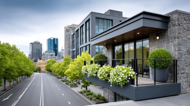 Modern balcony with urban view and floral arrangements in city center