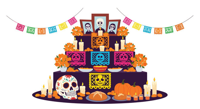 Traditional mexican day of the dead altar known as ofrenda featuring marigolds, sugar skulls, candles, bread, and photos of the deceased.